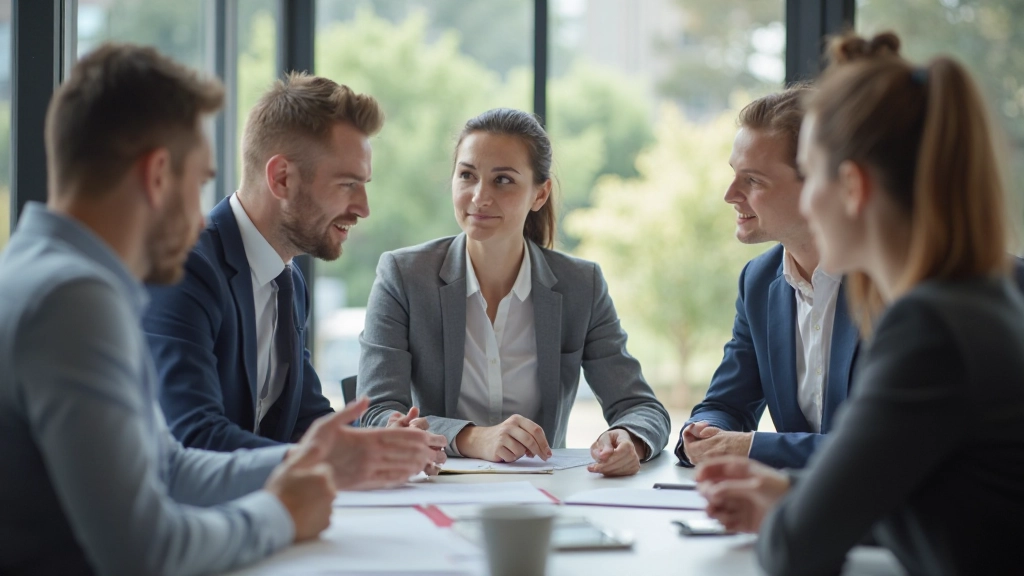 Professionele kantooromgeving met mensen die Nederlands spreken in vergadering