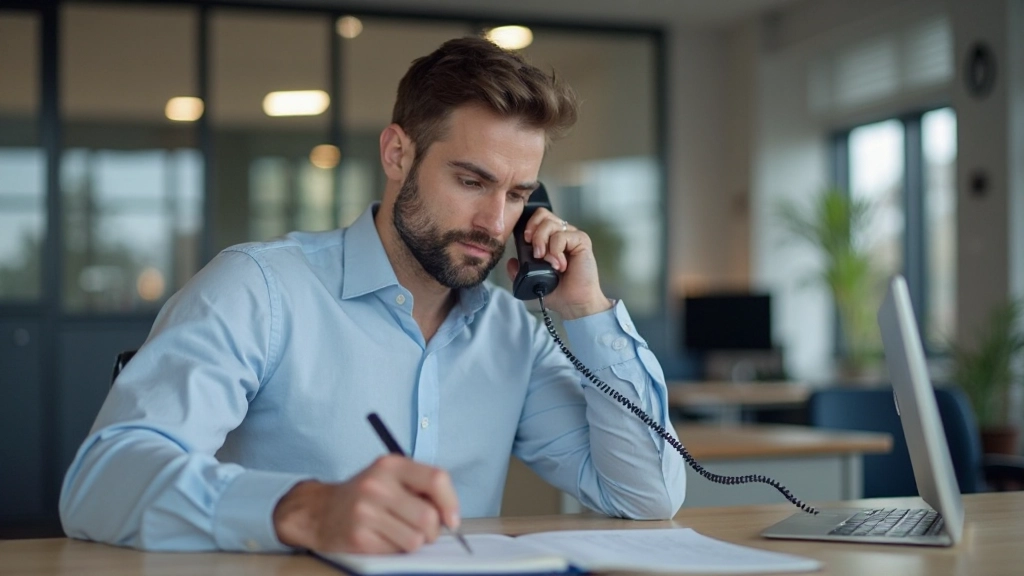 Man in kantoor aan telefoon, notities makend tijdens gesprek