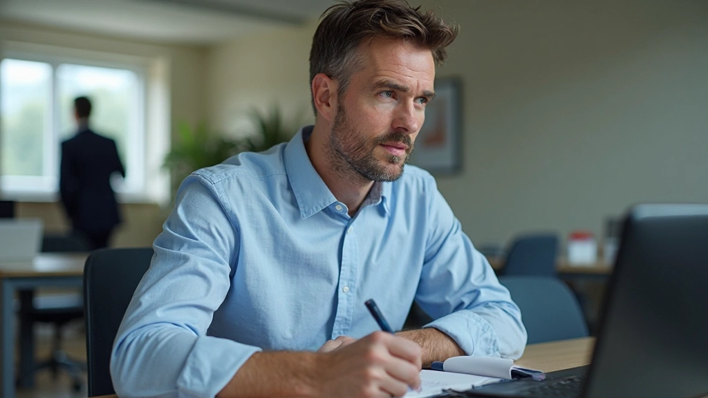 Professionele man die notities maakt en naar spreker luistert in vergaderzaal, actieve participatie