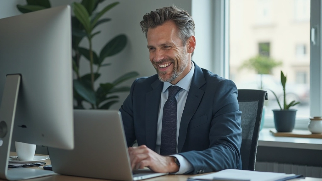 Zakenman glimmachend naar computerbeeldscherm, zelfverzekerde uitdrukking, succesvolle e-mailcommunicatie, kantoor