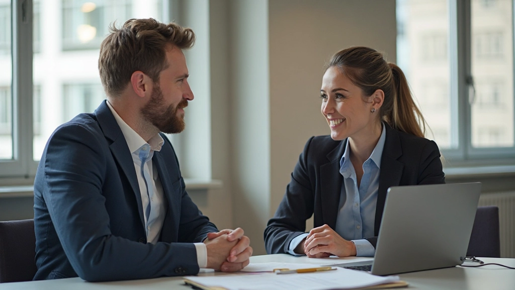 Twee professionele collega's in gesprek aan een bureau in modern kantoor, met documenten