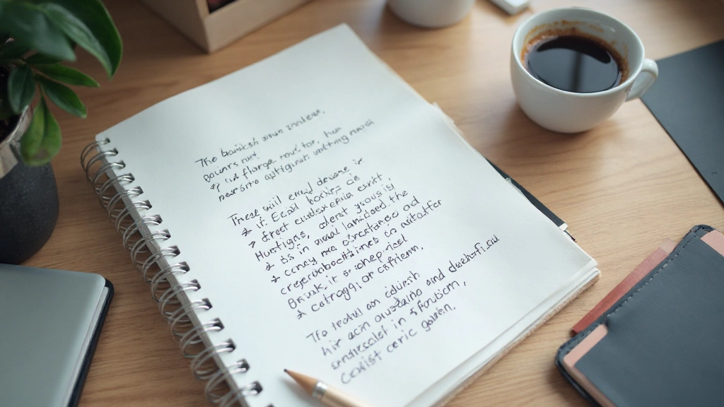 Notitieblok met e-mailstructuur genoteerd, pen en koffiekopje op bureau, zakelijk Nederlands schrijven voorbereiding