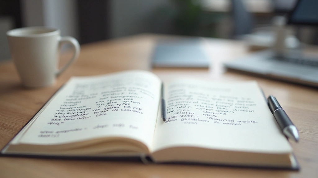 Notitieblok met Nederlands zakelijke woordenschat op kantoor, pen en koffie