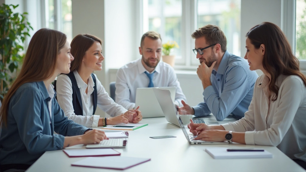 Team in moderne vergaderruimte rond tafel, zakelijk Nederlands spreken in vergaderingen