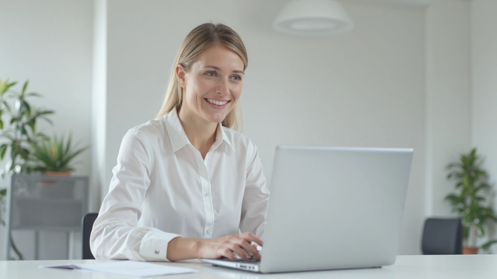 Vrouw typt professionele e-mail op laptop op kantoor