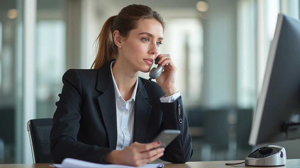 Professionele vrouw aan bureau met telefoon, concentratie op gesprek