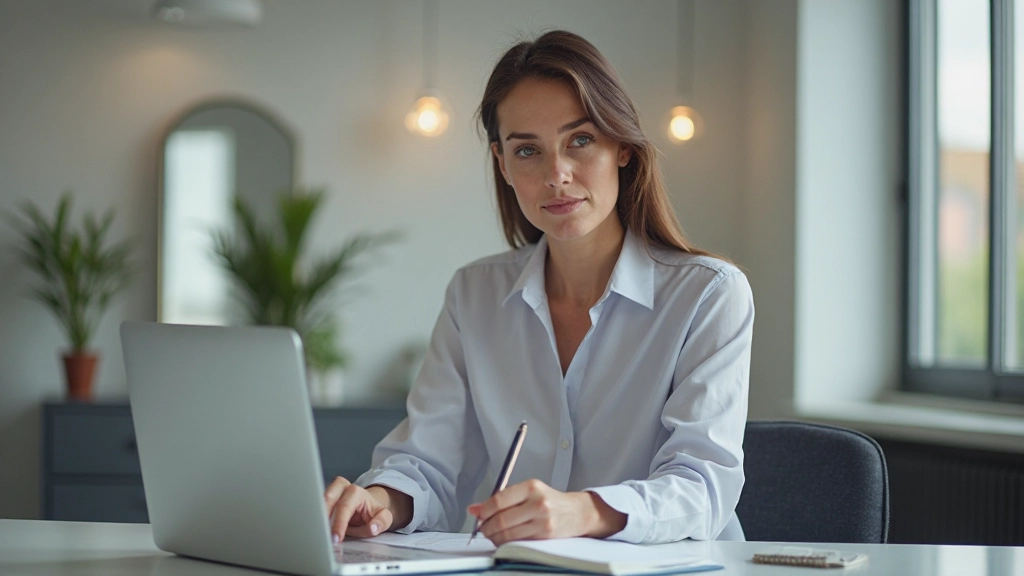 Vrouw aan bureau met computer, notities makend voor zakelijk Nederlands