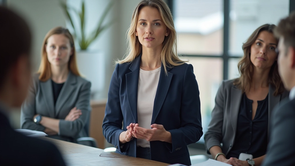 Vrouw die zelfverzekerd aan het woord is in een vergaderzaal, collega's luisteren aandachtig