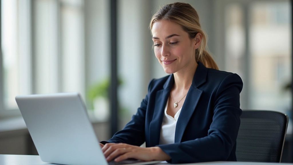 Professionele vrouw zittend aan bureau met laptop, concentratie op zakelijk schrijven, moderne werkplek met natuurlijk licht