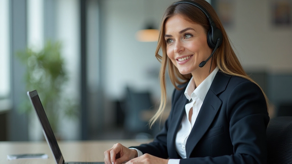 Vrouw met koptelefoon in kantoor, concentratie op telefoongesprek