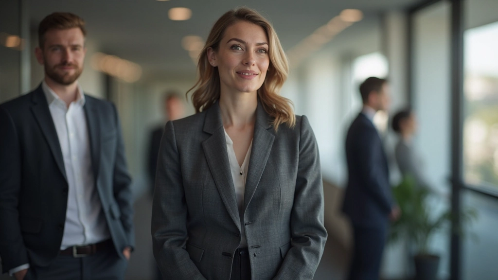 Zakelijke vrouw met zelfverzekerde houding, presenteert voor collega's in vergaderzaal, leiderschap uitstraling