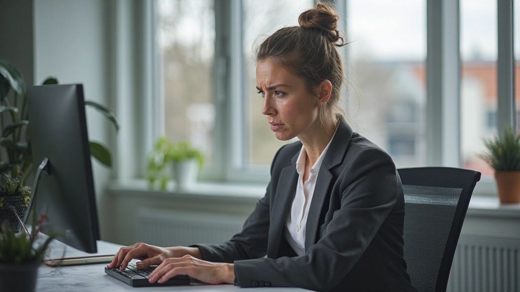 Vrouw frowning bij computerbeeldscherm, verwarde uitdrukking, ingewikkelde e-mail lezen, kantooromgeving