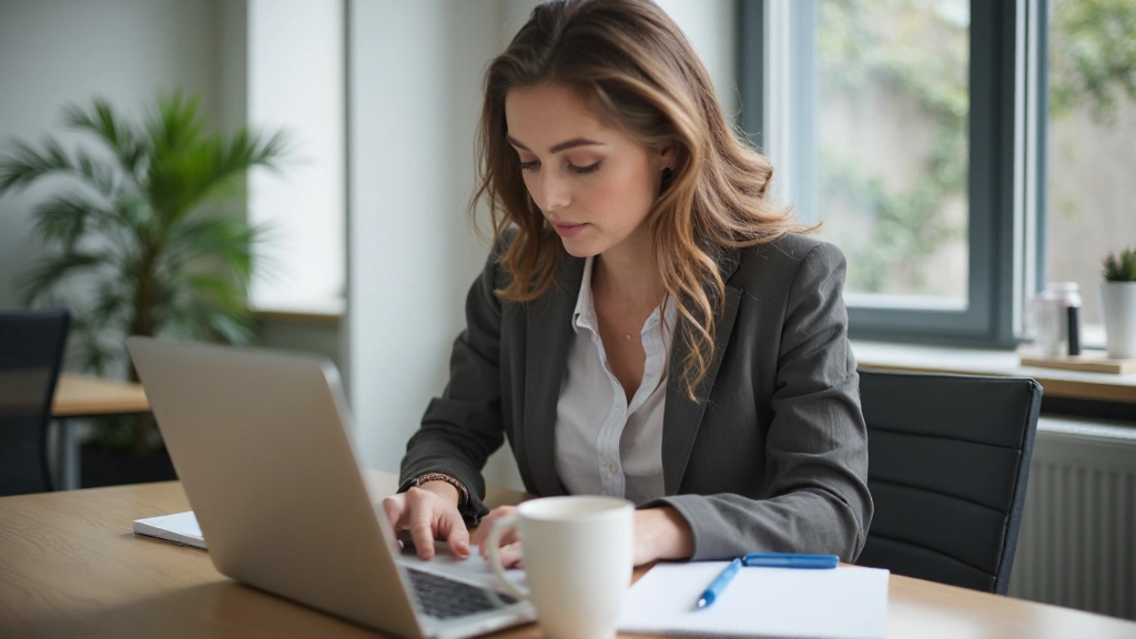 Professionele vrouw aan bureau met laptop, schrijfbenodigdheden en kopje koffie, werkplek Nederlands kantoor